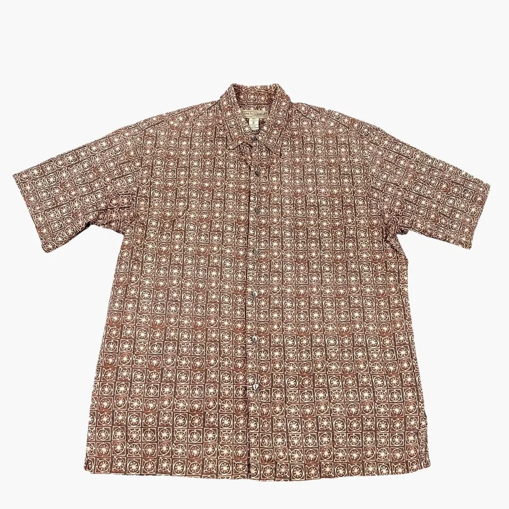 Tori Richard Shirt Mens Medium Brown Cotton Lawn Geometric Button Up Hawaiian - Picture 3 of 9